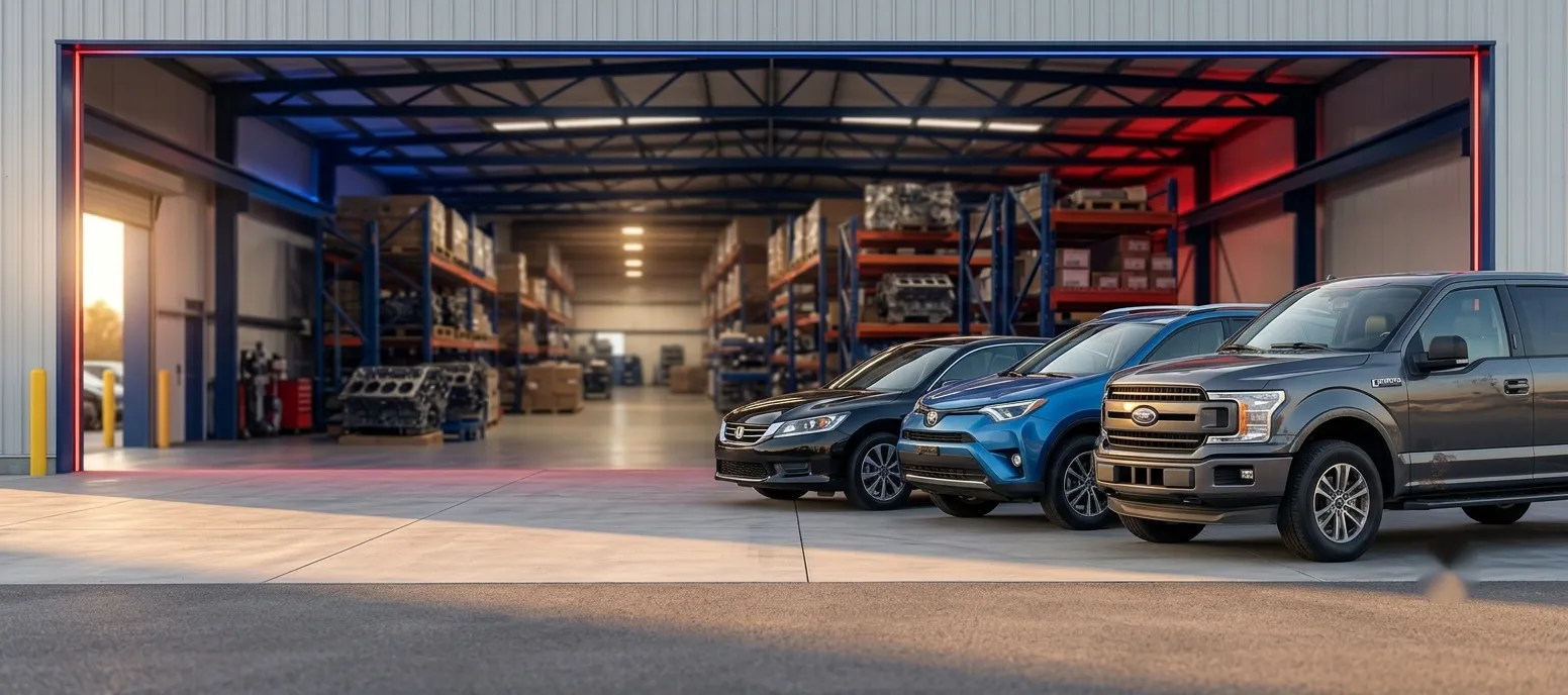Used cars parked in front of the Premium Used Auto Parts warehouse of OEM engines and transmissions